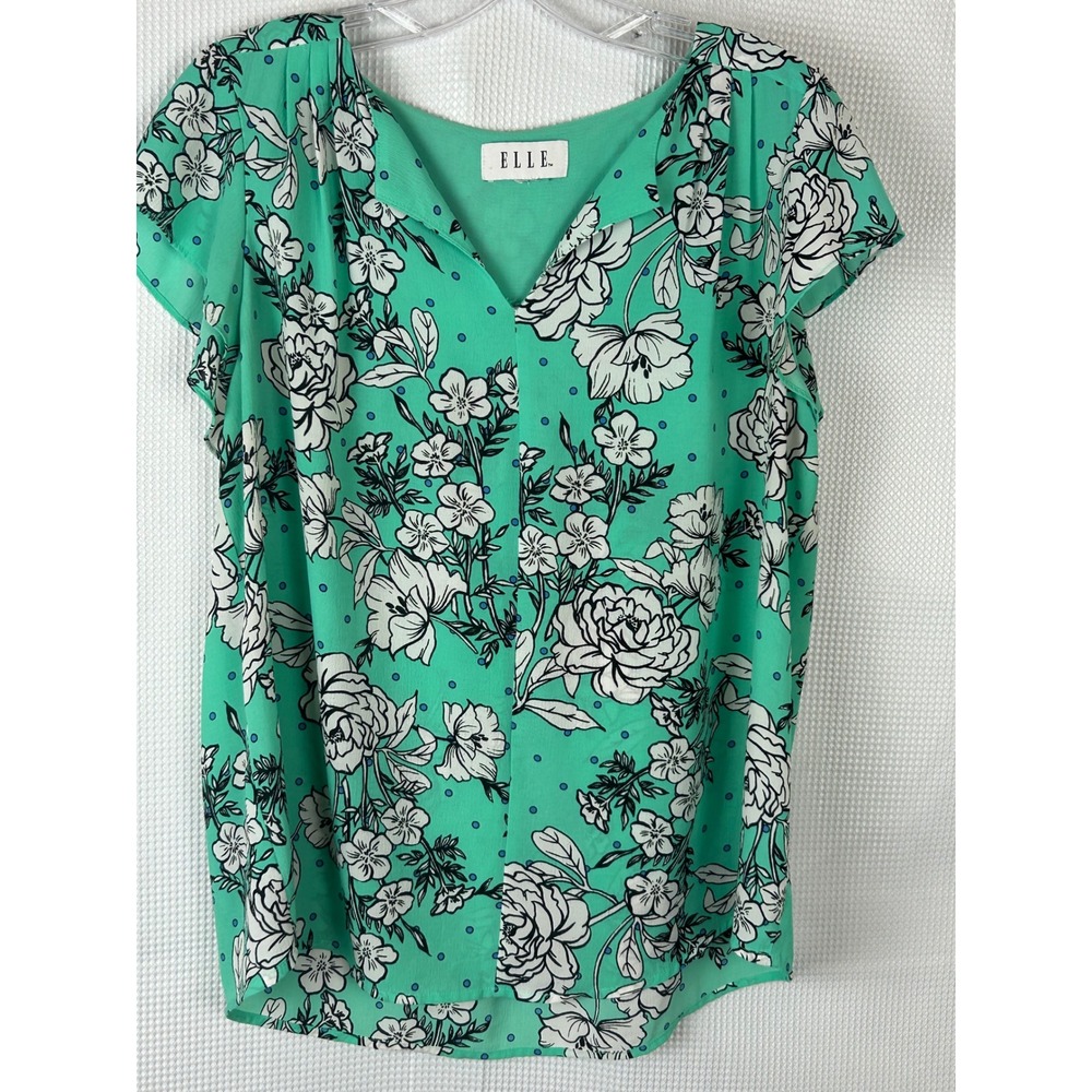 Elle Womens Mint Green Floral Polka Dot V-Neck Flutter Sleeve Blouse Top Est. XL